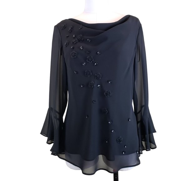 Sandra Darren Tops - Sandra Darren Lined Black Sheer Sleeve Sequin Top 12 EUC
